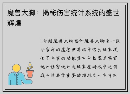 魔兽大脚：揭秘伤害统计系统的盛世辉煌