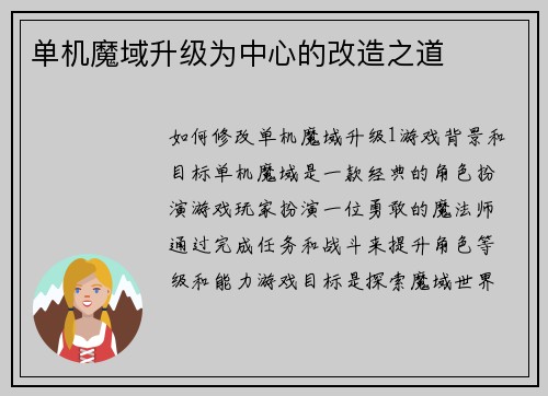 单机魔域升级为中心的改造之道